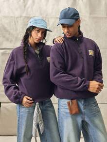 Norleigh Men Quarter Zipper Front Patched Flannelette Loose Sweatshirt, For Fall Winter, Long Sleeve Top - Violet Purple - View 1
