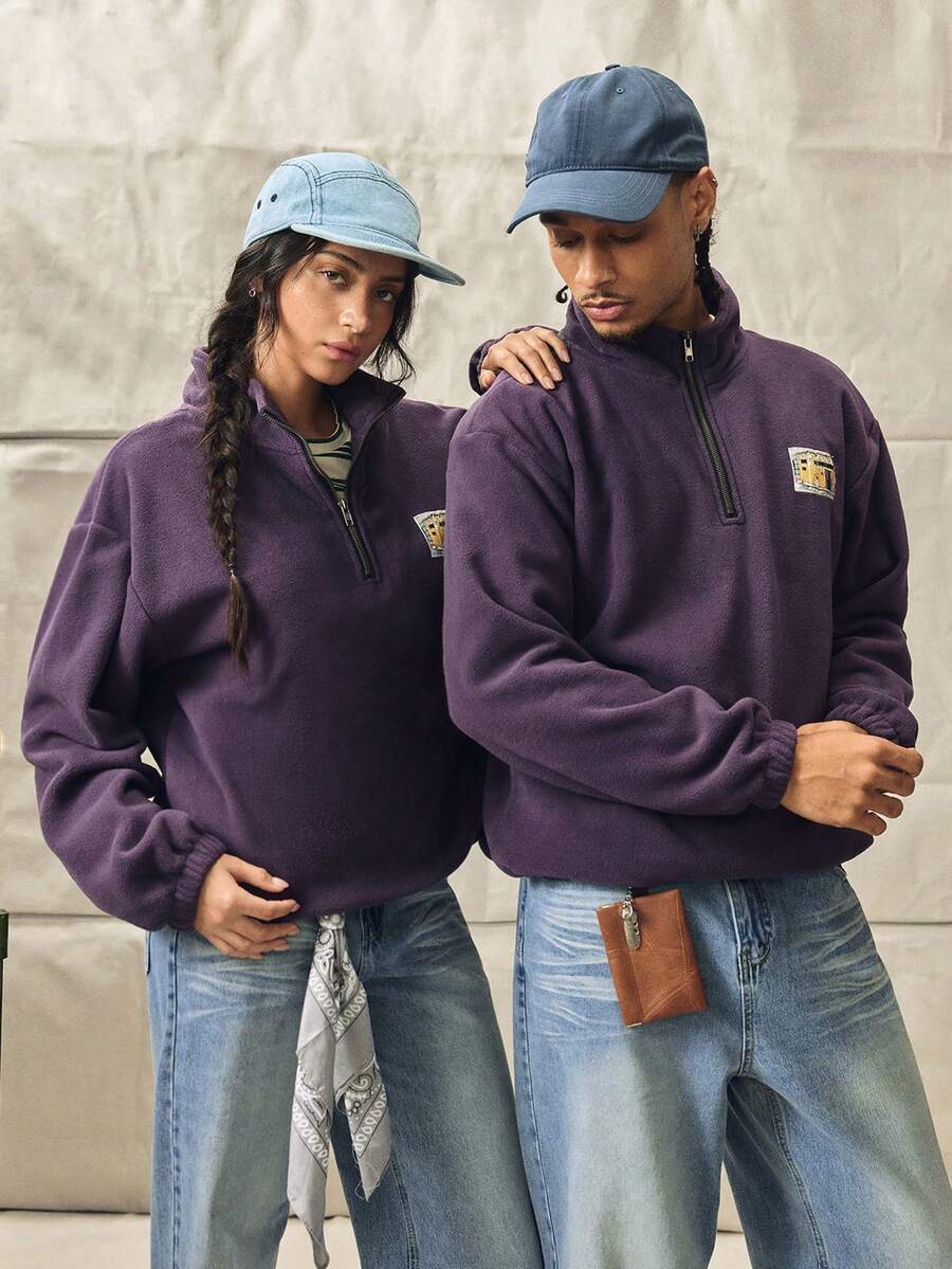 Norleigh Men Quarter Zipper Front Patched Flannelette Loose Sweatshirt, For Fall Winter, Long Sleeve Top - Violet Purple - View 1