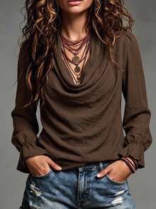 SHEIN Women's Brown Cowl Neck Long Sleeve Elegant Casual Blouse - Coffee Brown - View 6