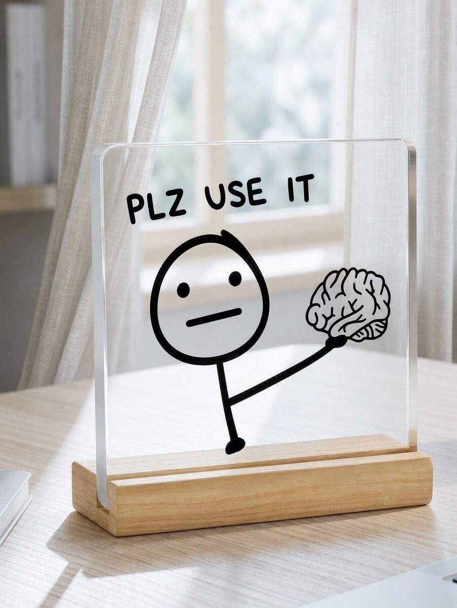 Haus Hana 1PC/2pcs/3pcs Square Acrylic Desktop Ornament With Wooden Base, Featuring A Stick Figure Design And The Phrase "Plz Use It". Makes A Great Gift For Friends. - multicolor - View 1