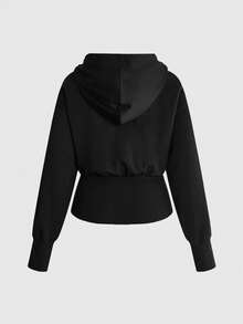ROMWE Street Life Plus Size Women's Loose Short Zip-Up Sweatshirt With Metal Eyelet Decor, Streetwear Style - Black - View 2