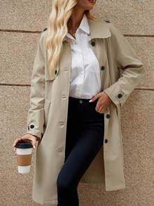 SHEIN PariChic Khaki Mid-Length Trench Coat For Women, Autumn Loose Fit Raglan Sleeve Peter Collar Minimalist Commute Single-Breasted Overcoat/Daily/Casual Solid Color Trench Jacket - Khaki - View 4