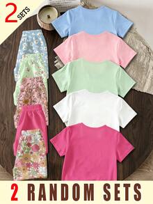 Elladie kids (2 Sets Aleatorios) Conjunto de Camiseta Corta Básica y Pantalones Cortos con Patrón Creativo de Flores y Lazos para Niñas, 7º Cumpleaños, Regreso a la Escuela, Verano Escolar - Multicolor - Ver 2