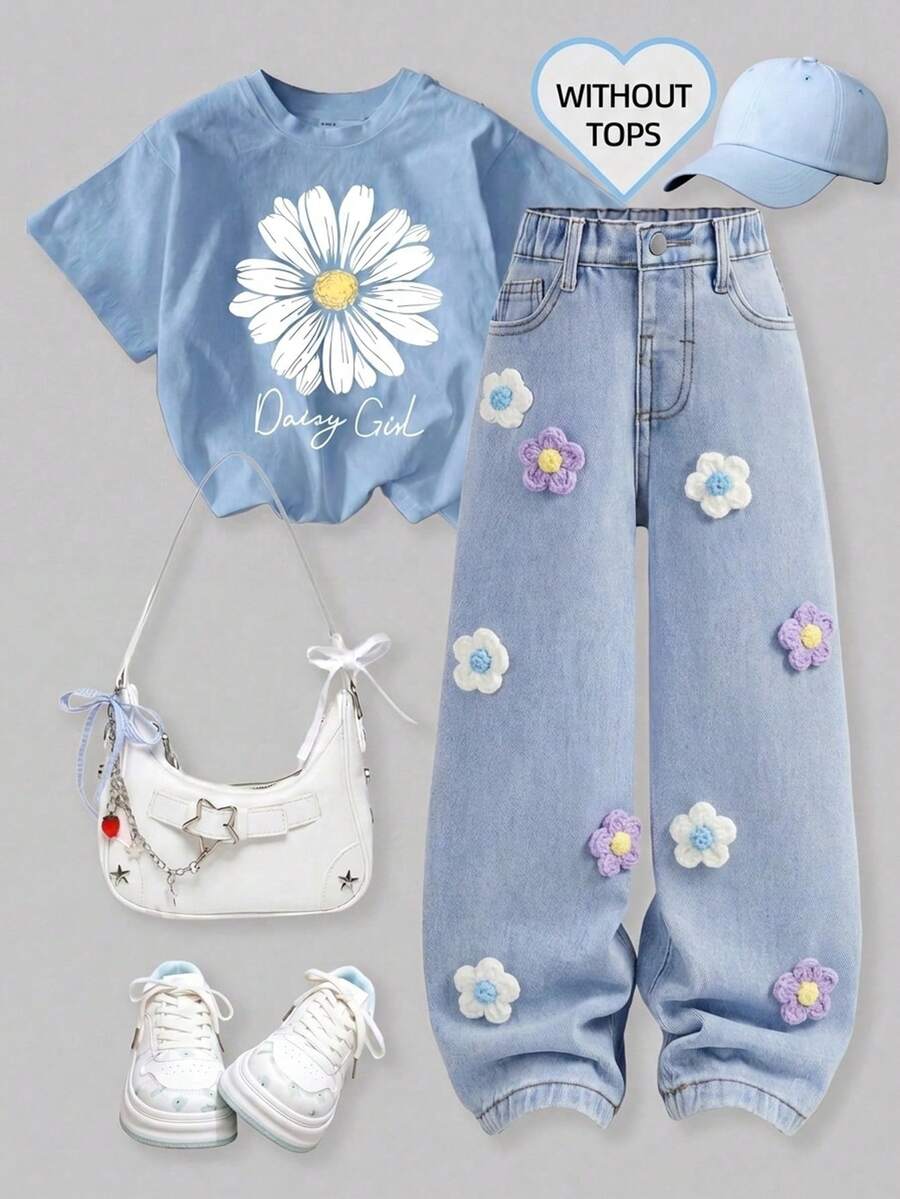 SHEIN 女童 3D 花朵裝飾鈕扣口袋牛仔褲 - 紫色 - 查看 1