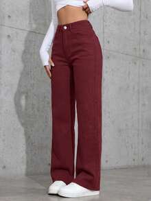 SHEIN ICON 女款時尚優雅鈕扣口袋直筒牛仔褲 - 酒紅色 - 查看 5