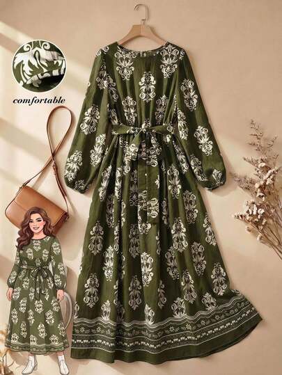 Rusticease Elegantes Damenkleid in Große Größen mit Blumenmuster, Rundhalsausschnitt, langen Ärmeln und Taillenknoten