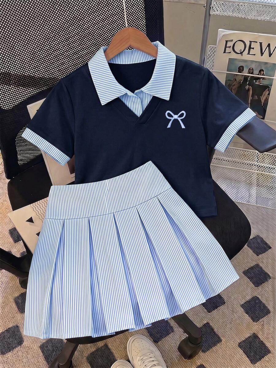 SHEIN 2件組女童蝴蝶結裝飾T恤與蝴蝶結裝飾百褶裙,黑白條紋布料,適合春夏外出與度假穿著,時尚百搭 - 彩色 - 查看 1