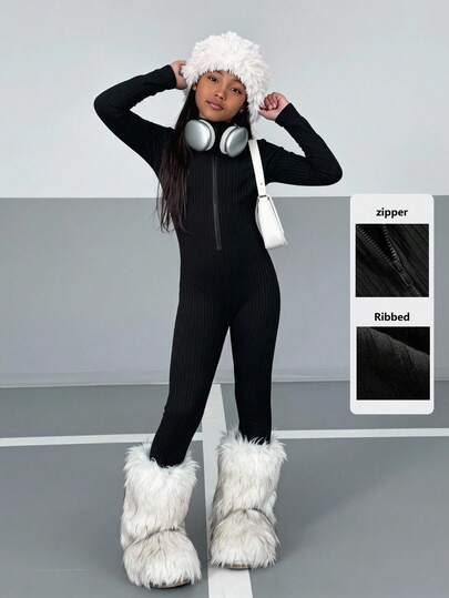 Kids Tween Girl Fashion Casual Autumn/Winter Long Sleeve Fitted Jumpsuit, Ribbed Fabric, Slim Fit Comfortable Skin-Friendly, Tops Back To School Halloween Autumn Pull