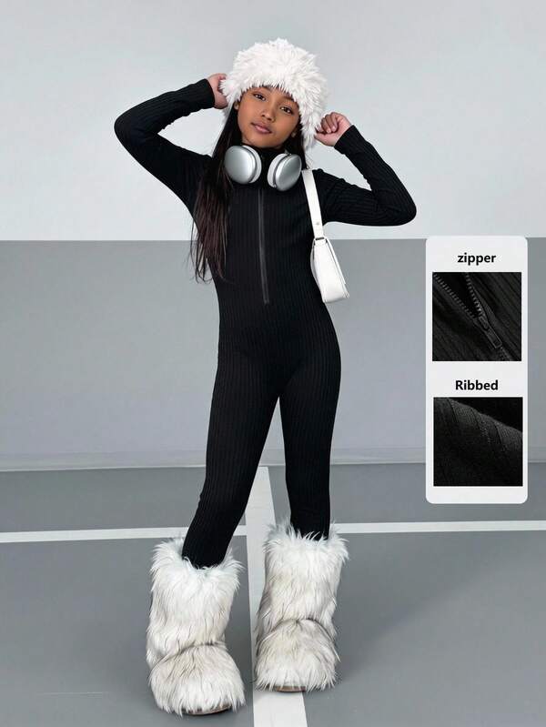 Kids Tween Girl Fashion Casual Autumn/Winter Long Sleeve Fitted Jumpsuit, Ribbed Fabric, Slim Fit Comfortable Skin-Friendly, Tops Back To School Halloween Autumn Pull