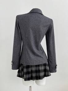 Mori Grove Mori Grove 女款秋季人字紋金屬雙排扣口袋翻蓋收腰大衣，學院風辦公室深灰色學院風優雅 - 灰色 - 查看 2