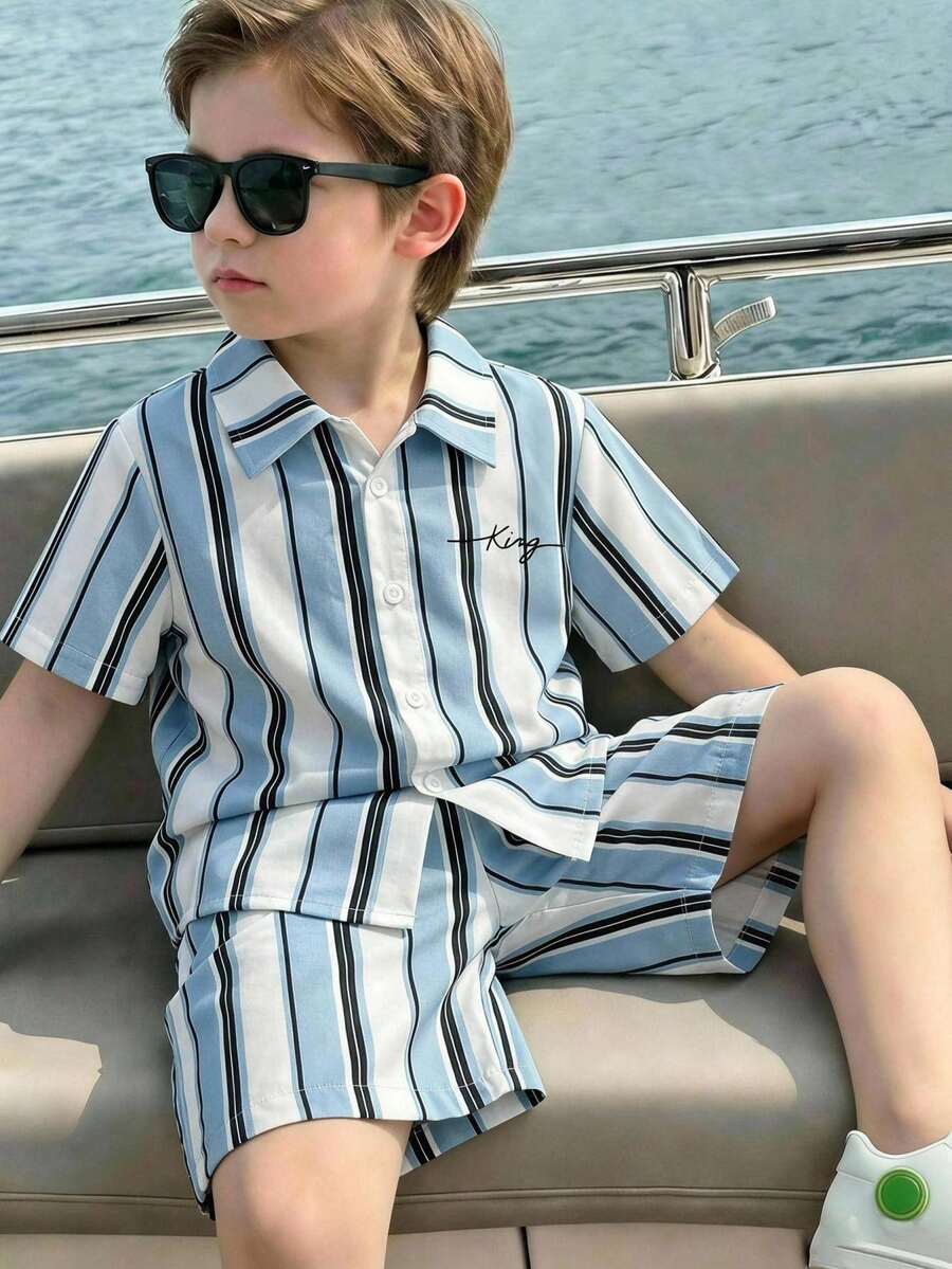 男嬰休閒極簡軟綿卡通圖案上衣短褲套裝,適合春夏穿著 - 彩色 - 查看 1