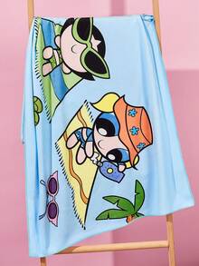 THE POWERPUFF GIRLS X SHEIN 1件裝卡通海綿印花浴巾沙灘巾，可用於海灘，游泳毛巾 - 藍色 - 查看 2