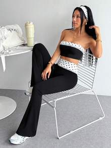 Dewbera Dewbera 2026 Spring/Summer New Women's Slim Fit Sports Outdoor Set, Color-Block Polka Dot Lace Trim Sweet Yoga Workout Outfit - Black and White - View 6