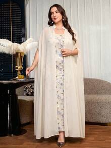 Reflora Conjunto de 2 piezas de vestido largo elegante para fiesta con estampado floral, talla grande - Albaricoque - Ver 5