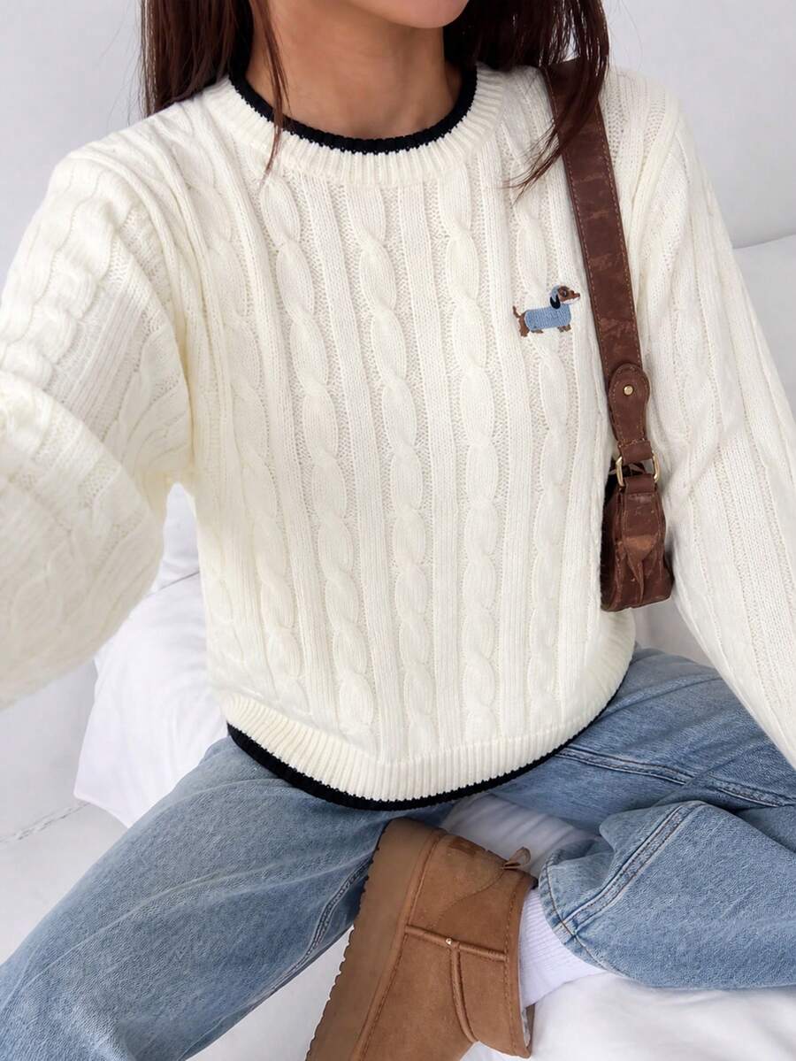 SHEIN 青少年女孩條紋拼色粗針編織V領燈籠袖寬鬆套頭毛衣，適合秋冬與戶外穿著 - 白色 - 查看 1