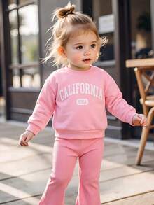 Genkimix Kids BABY GIRLS 2pcs Pink California Letter Print Long Sleeve Sweatshirt Pullover & Ribbed Bell Bottom Flare Pants Set Spring Fall Autumn Outfits - Pink - View 3
