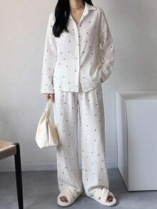 Livesso Petite Women's Heart Pattern Long Sleeve Single-Breasted Top And Pants Casual 2 Pieces Set Fall - White - View 7