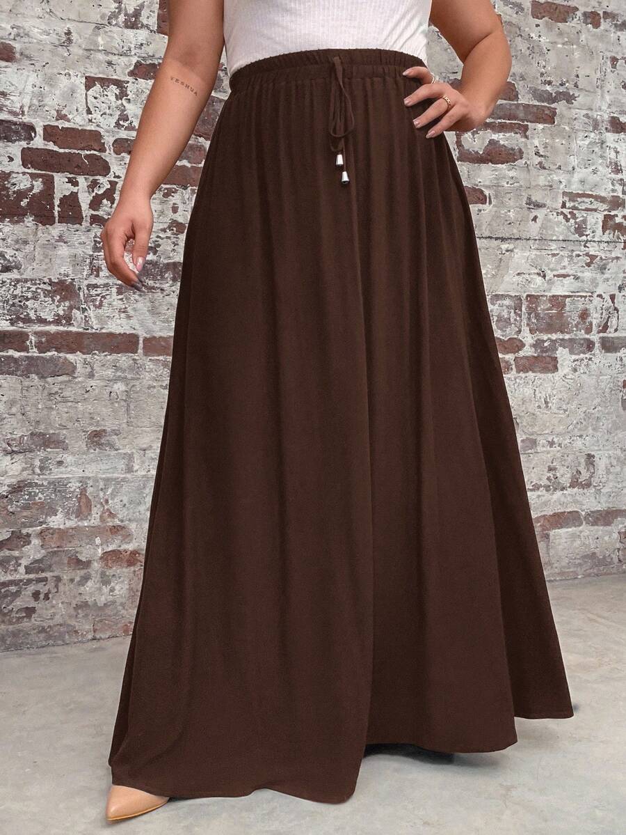 SHEIN LUNE 大尺碼女款純色百褶休閒軟挺百搭日常穿著裙 適合早午餐與辦公室 棕色 夏季 - 棕色 - 查看 1