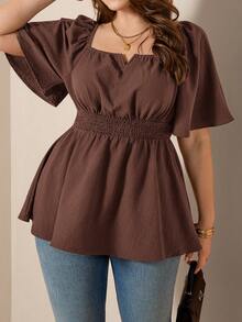 Comfylo Off-Shoulder Square Neck 2-Way Wear Flowy Hem Plus Size Blouse - Brown - View 6