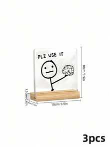 Haus Hana 1PC/2pcs/3pcs Square Acrylic Desktop Ornament With Wooden Base, Featuring A Stick Figure Design And The Phrase "Plz Use It". Makes A Great Gift For Friends. - multicolor - View 14