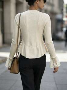 SHEIN Women's Bell Sleeve Lace Trim Ruffle Hem Sweater - Apricot - View 2