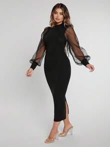 SHEIN SXY Prom Dress;Mock Neck Contrast Mesh Lantern Sleeve Split Hem Dress - Black - View 6
