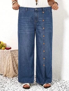 EMERY ROSE EMERY ROSE Plus Size Casual Washed Front Button Denim Jeans - Dark Wash - View 6