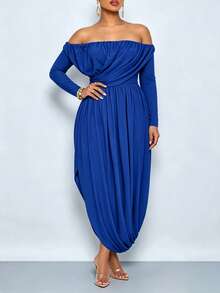 SOLERSUN Große Größen Off-Shoulder einärmliges Satin Abendkleid mit geraffter Taille und asymmetrischem Schlitz, elegantes luxuriöses langes Kleid für Partys - Blau - Übersicht 3