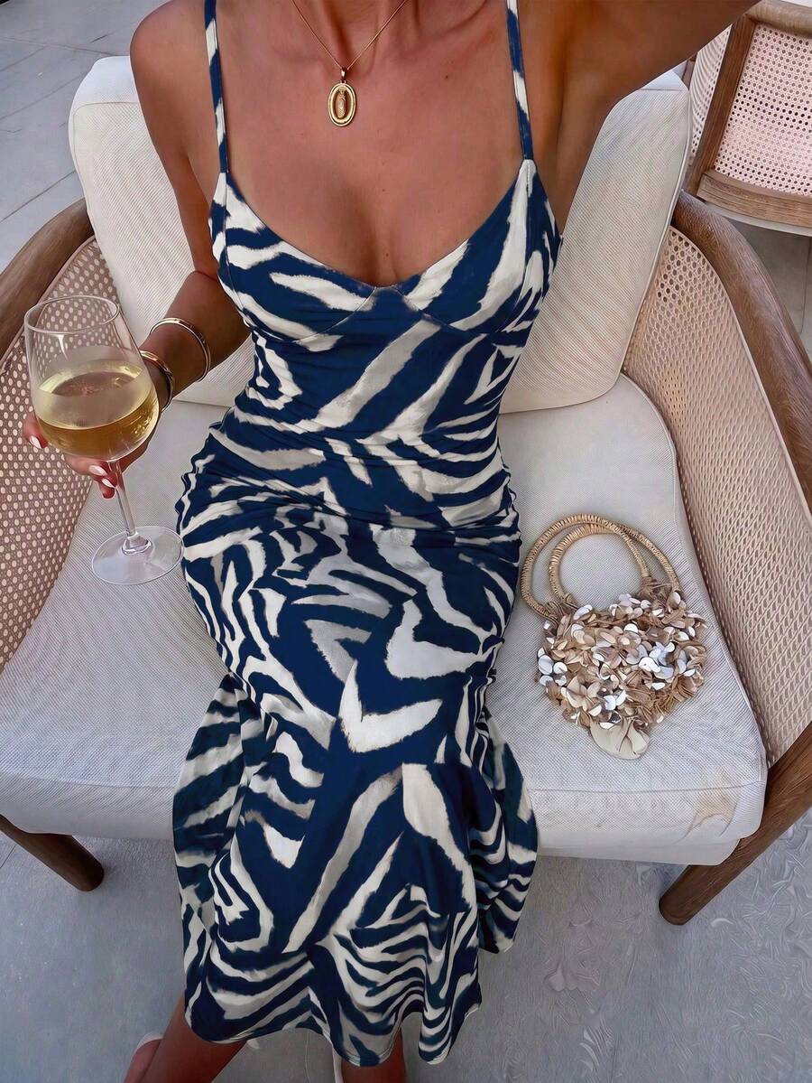 Aloruh Spring/Summer Vacation Spaghetti Strap Tie-Up Fitted Sexy Printed Women's Dress - Navy Blue - View 1