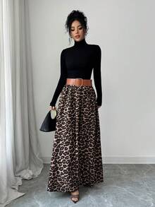 SHEIN Elenzya Women's Fashion Elegant Leopard Print Midi Skirt - Multicolor - View 3