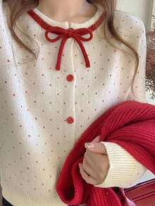 DAZY Girls (Big) Loose Polka Dot Contrast Color Bow Decor Cute Autumn/Winter Sweater Cardigan - Beige - View 4