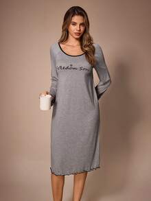 Lazeform Casual Women's Letter Print Contrast Trim Raglan Sleeve Long Sleeve Loungewear Dress - Grey - View 7