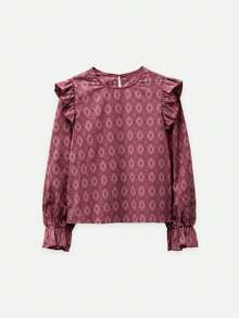 Nöista Red Retro-Print Top, Straight Cut Ruffled, Sweetness. Soft Delicate,Fall/Winter,Elegant,Going Out,Commuting, Versatile Stylish Piece, Top Choice.. - Red - View 9
