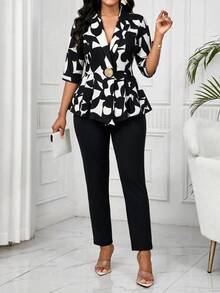 SHEIN Lady Plus Size Women's Geometric Pattern 3/4 Sleeve Jacket And Long Pants Elegant Suit 2 Pieces Set Office Dinner Formal Black And White Summer - Black and White - View 6