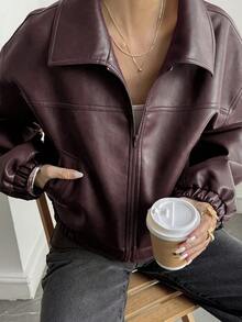 Livesso Women's Autumn Fashion Versatile Regular Jacket - Burgundy - View 5