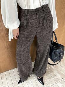 DAZY Autumn/Winter Straight Leg Loose Plaid Wool Fabric Commuter Style Women's Wide Leg Pants - Brown - View 3