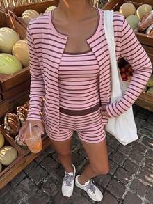 青少年女孩條紋細肩帶背心、長袖開襟衫與短褲套裝，適合夏季 - 白色 - 查看 1