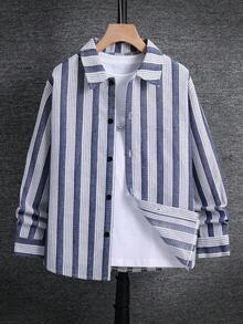 SHEIN 兒童青少年男孩休閒學院風百搭日常穿著藍白條紋領口寬鬆長袖梭織鈕扣襯衫，適合通勤、上學、休閒外出、運動，春、夏、秋、冬四季適用 - 藍色 - 查看 5