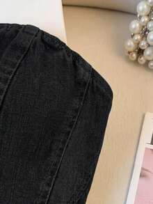 SHEIN MOD 女款細肩帶設計休閒百搭日常穿搭抹胸牛仔上衣 - 黑色 - 查看 3
