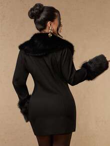 Silquee Women's Elegant Fuzzy Patchwork Double-Breasted Blazer - Black - View 3