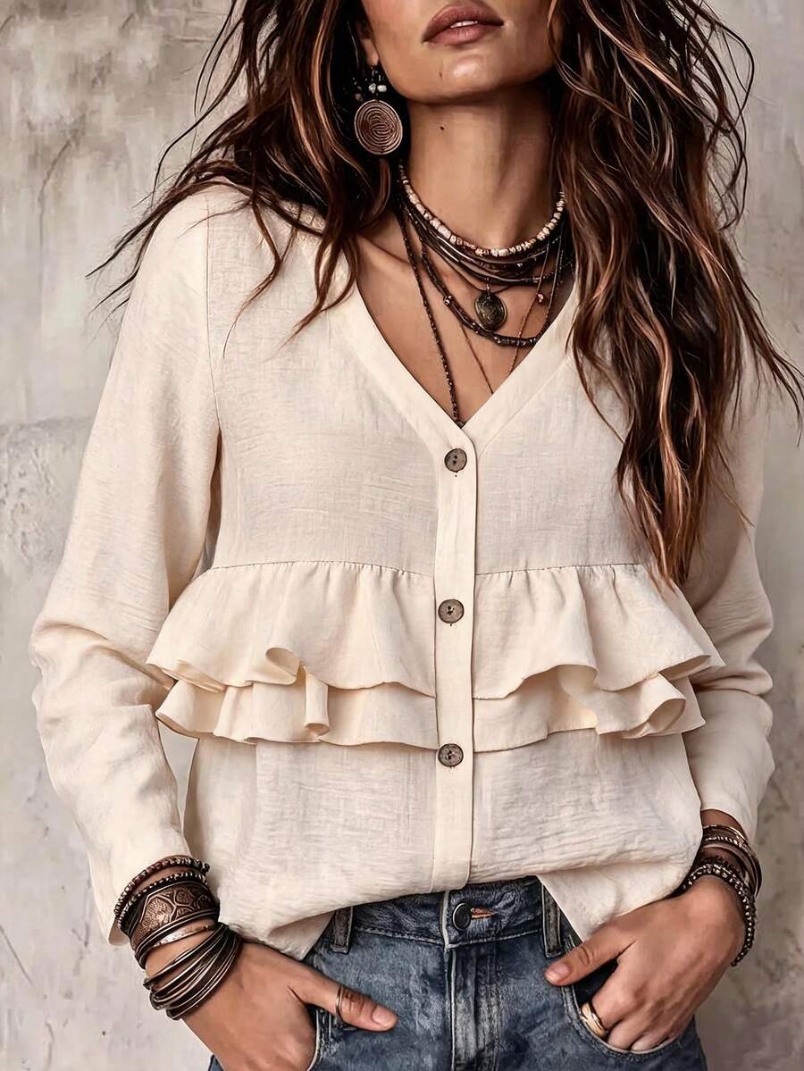 Breezaya Women's Solid Color V-Neck Long Sleeve Ruffle Single-Breasted Blouse - Apricot - View 1