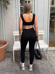 hollyjadebate Women's Minimalist Contrast Trim Wireless Sports Bra And Leggings Set Black - Black - View 2