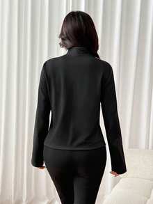 SHEIN PETITE Jaket Wanita Model Baru dengan Kancing Katak Model Pas Badan Gaya Cina - Navy Blue - View 2