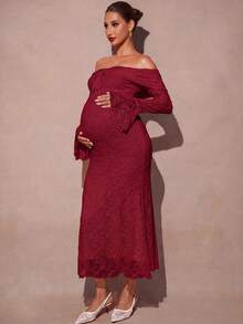 MaterniChic Elegant Maternity Off Shoulder Jacquard Party Dress Fall - Red - View 6