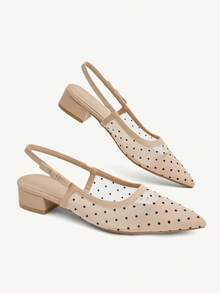 CUCCOO CHICEST Women's Shoes Breathable Mesh Polka Dot Printing Rear Strap Low Vamp Foot Wrap Design Pointed Toe Square Thick Heel Low Heel French Gentle Style Fall Shoes - Apricot - View 5