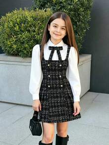 青少年女孩 2合1 格紋襯衫洋裝，秋冬長袖翻領設計，附3D蝴蝶結裝飾，襯衫與裙襬拼接設計，時尚學院風 - 黑色 - 查看 6