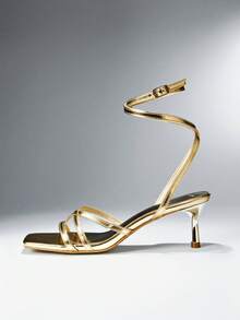 SHUZIA Sandal Wanita Elegan Minimalis dengan Ujung Persegi dan Tali Pergelangan Kaki serta Hak Stiletto - Emas - View 1