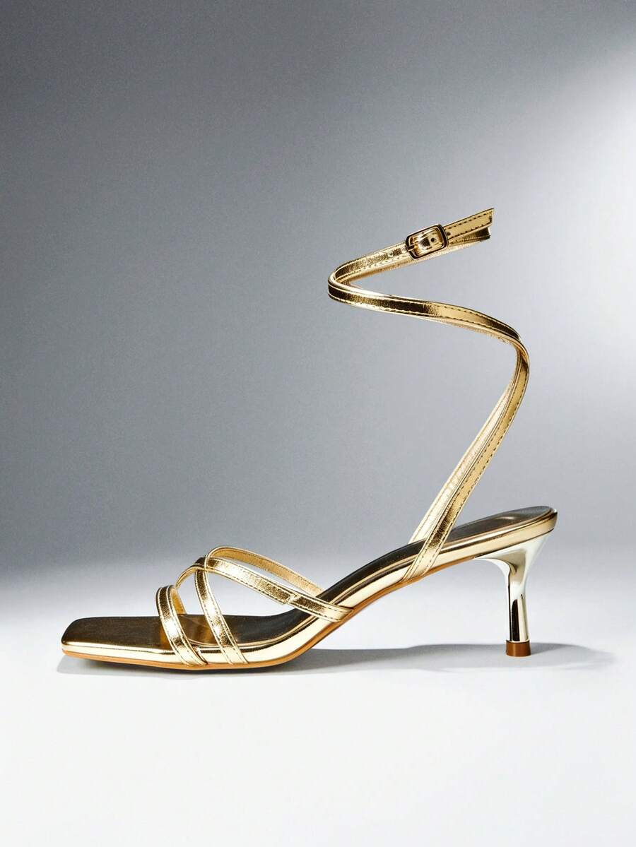 SHUZIA Sandal Wanita Elegan Minimalis dengan Ujung Persegi dan Tali Pergelangan Kaki serta Hak Stiletto - Emas - View 1