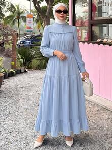 DAZY Women's Solid Color Pleated Casual Party Travel Midi Dress Fall - Blue - View 4