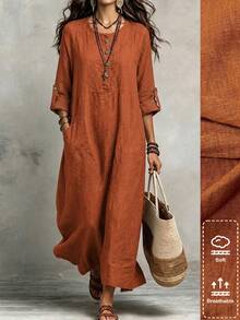 Linhara CURVE Women's Plus Size Loose Casual Solid Color Long Dress, Long Sleeve, Button, Round Neck, Casual Straight Dress, Lightweight Texture Hem Slit Flowy Long Sleeve Maxi Dress, Suitable For Outings, Vacation, Daily Wear - Brown - View 1